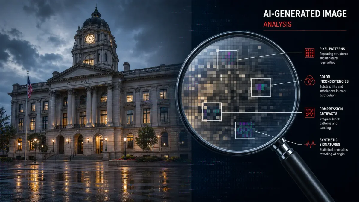A split composition: on the left, a realistic AI-generated image of a city building; on the right, a magnifying glass over a digital image revealing pixel-level artifacts, editorial illustration style