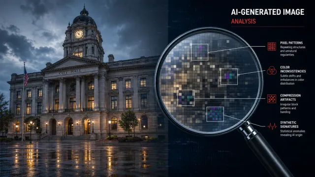A split composition: on the left, a realistic AI-generated image of a city building; on the right, a magnifying glass over a digital image revealing pixel-level artifacts, editorial illustration style