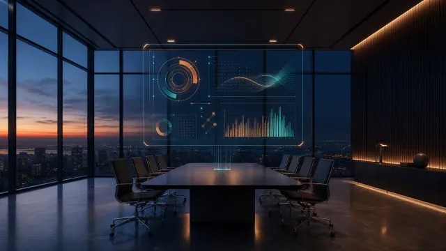 An editorial illustration of a modern boardroom table with a holographic AI dashboard floating above it, rendered in navy blue and copper tones