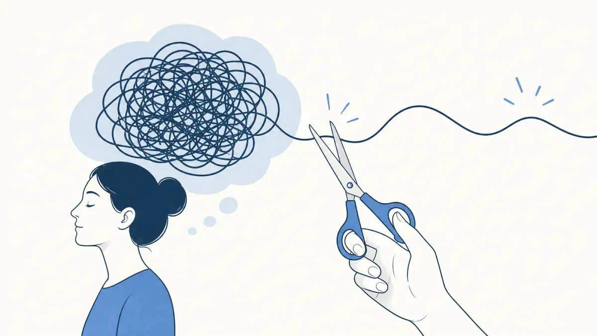 An editorial illustration showing an AI neural network tangled in its own thought chains, with glowing reasoning paths that loop back on themselves and a simple correct answer sitting just out of reach, rendered in deep indigo and warm amber tones