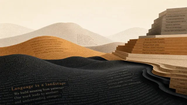 An abstract editorial illustration of a text-based world emerging from a Transformer architecture, with layers of language forming a distinct cognitive landscape separate from human brain imagery.