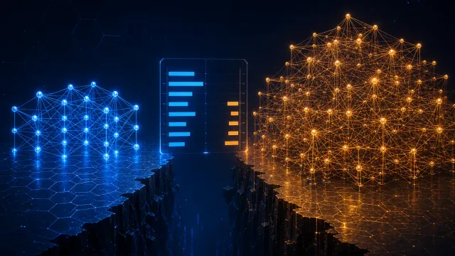 An editorial illustration showing two interconnected neural network structures — one sleek and efficient, the other massive and sprawling — with the smaller one outperforming the larger on a benchmark visualization, rendered in deep red and electric blue tones against a dark background