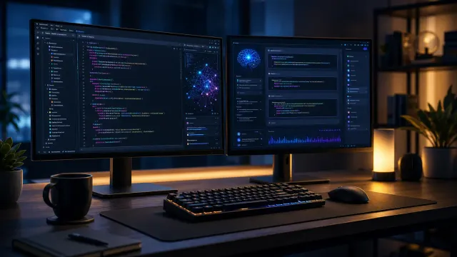 A modern software development workspace with multiple monitors showing code and AI-assisted development interfaces, warm ambient lighting, clean and minimalist setup