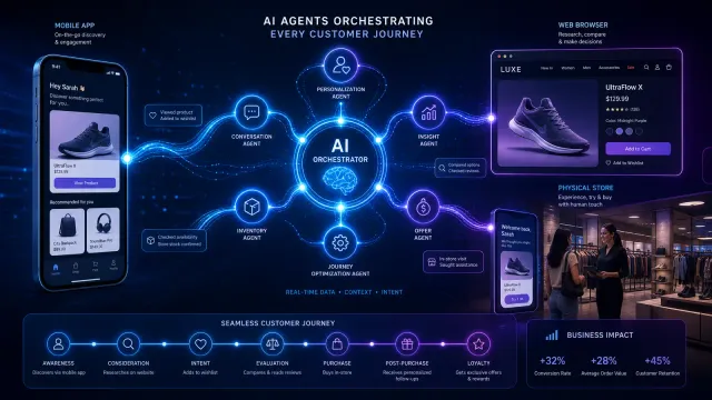 A futuristic digital illustration showing AI agents orchestrating a seamless customer journey across multiple touchpoints — mobile, web, and physical retail — with data streams connecting them