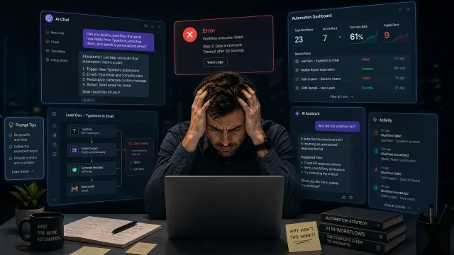 Office worker looking frustrated at computer screen showing multiple AI chat windows and automation tool dashboards