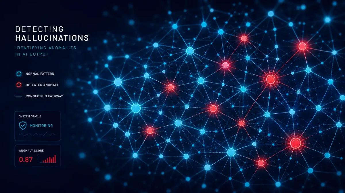 Abstract visualization of neural network nodes connected by glowing pathways, with some nodes highlighted in red to represent detected anomalies