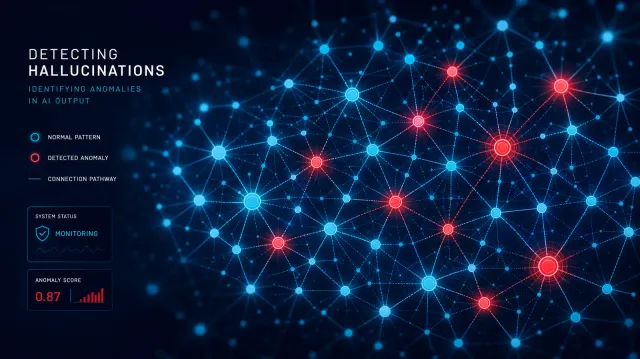 Abstract visualization of neural network nodes connected by glowing pathways, with some nodes highlighted in red to represent detected anomalies