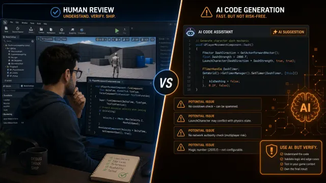 A split-screen editorial illustration showing a human developer reviewing code on one side and an AI-generated code warning symbol on the other, with a game engine interface in the background