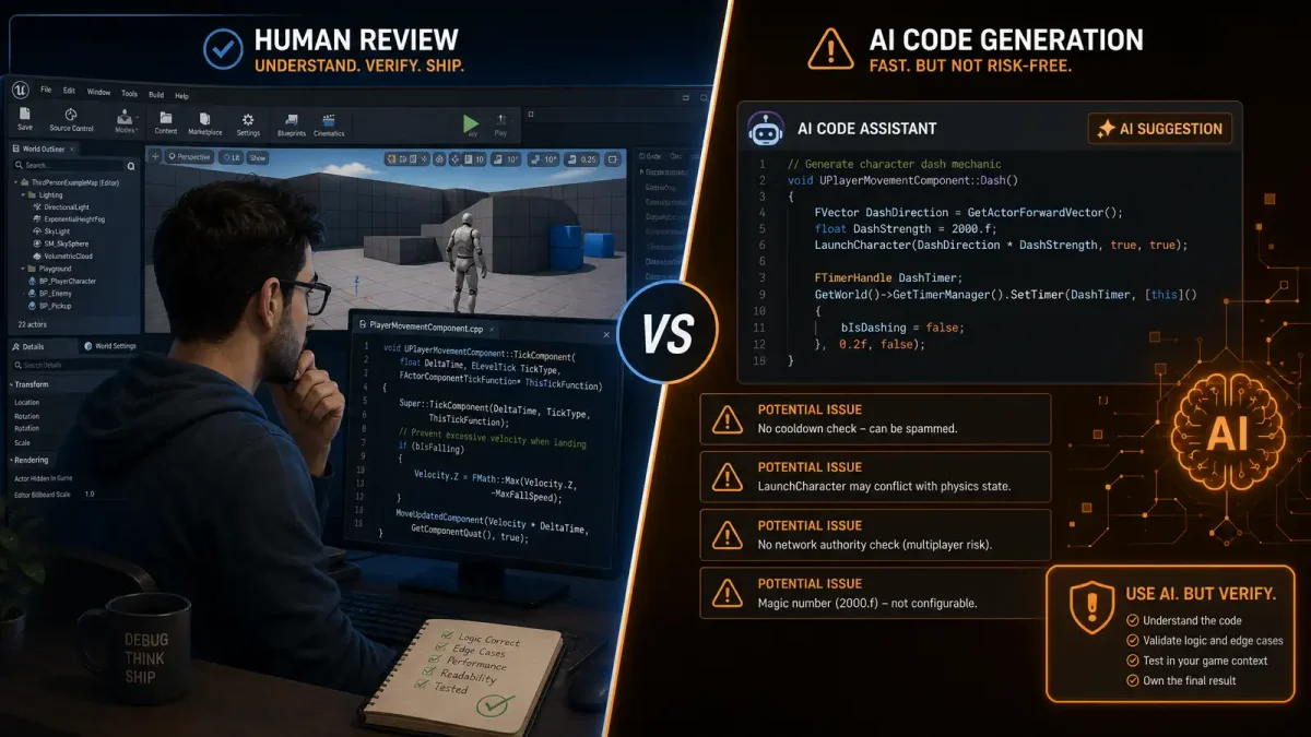 A split-screen editorial illustration showing a human developer reviewing code on one side and an AI-generated code warning symbol on the other, with a game engine interface in the background