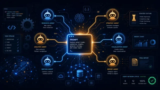 An abstract visualization of multiple AI agent icons branching out from a single prompt input, with gears and connected nodes suggesting autonomous task execution