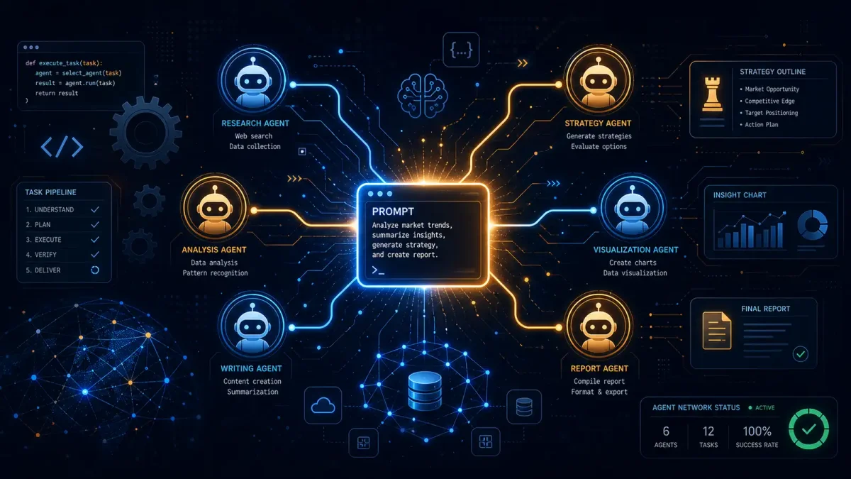 An abstract visualization of multiple AI agent icons branching out from a single prompt input, with gears and connected nodes suggesting autonomous task execution
