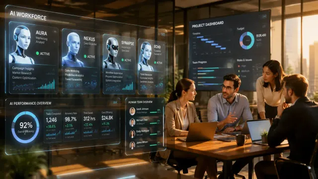 A modern office space with holographic AI worker profiles displayed alongside human team dashboards on glass screens