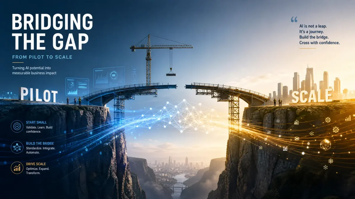 A digital illustration of a bridge being built between two cliffs labeled Pilot and Scale with data streams flowing across