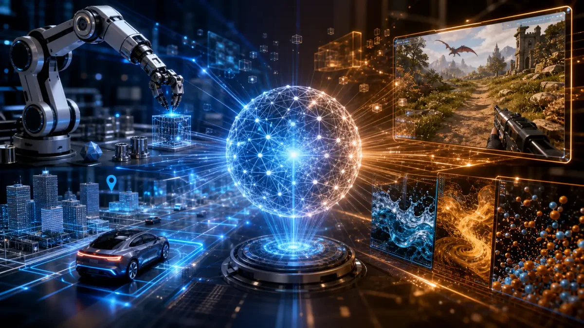 A futuristic visualization of AI world models — a glowing neural network sphere projecting 3D spatial structures, robotic arms, and simulated environments, rendered in deep blue and amber tones