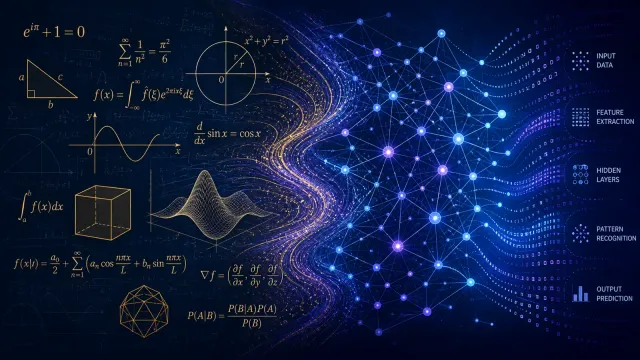 Abstract visualization of mathematical equations and neural network patterns