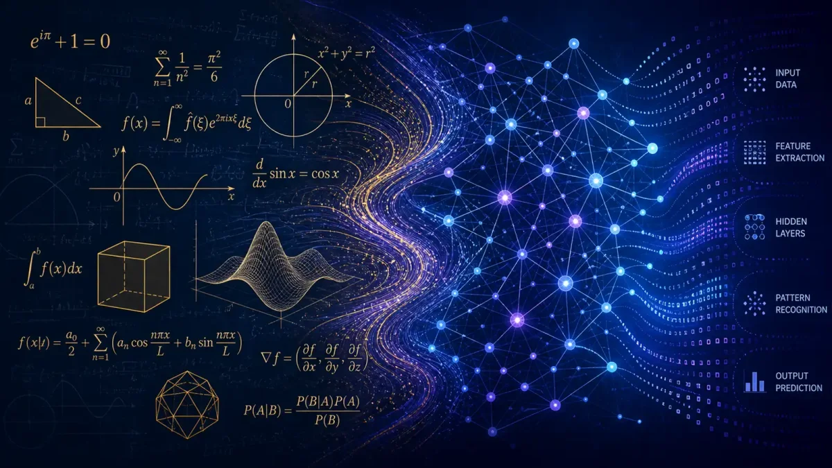 Abstract visualization of mathematical equations and neural network patterns