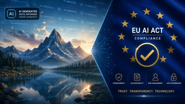 A split composition showing a digital watermark pattern overlaid on an AI-generated image on one side, and the EU flag on the other, representing the intersection of AI regulation and watermarking technology