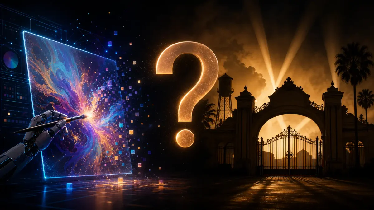 Split illustration showing an AI image generation interface on one side and a Hollywood studio lot on the other, with a question mark between them symbolizing the transparency dispute