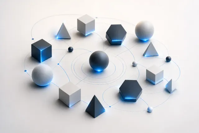 An editorial illustration showing three interconnected AI agent nodes with glowing data pathways forming a collaborative network, rendered in cyan and deep blue tones with a subtle hexagonal grid background