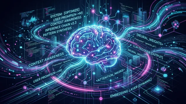 Abstract visualization of advanced prompt engineering techniques with neural network patterns and code snippets