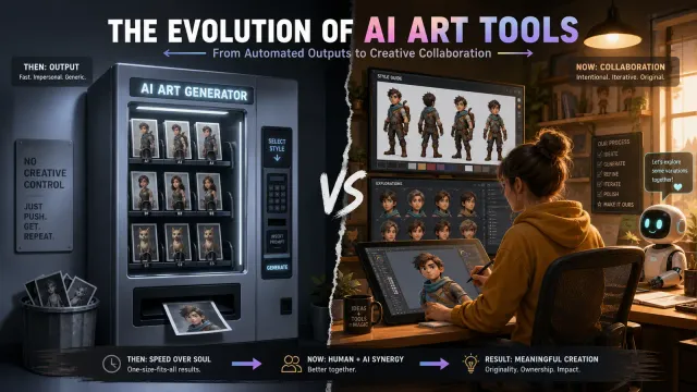 A split composition showing a 3D artist's workspace with multiple style-consistent character variations displayed on screens alongside sculpting tools, symbolizing the shift to iterative AI-assisted creative workflows