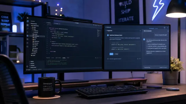 A developer's workspace with multiple monitors showing code editors, one screen displaying AI suggestions alongside traditional code, modern office setting with warm lighting