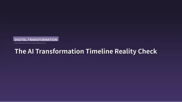 A split image showing a corporate boardroom with AI dashboards on one side and a warehouse floor with workers and robots on the other, connected by a timeline graphic
