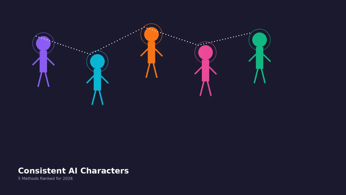 A grid showing the same AI-generated character in five different scenes — walking through a market, sitting in a cafe, standing in rain, reading a book, and running at sunset — all with identical facial features