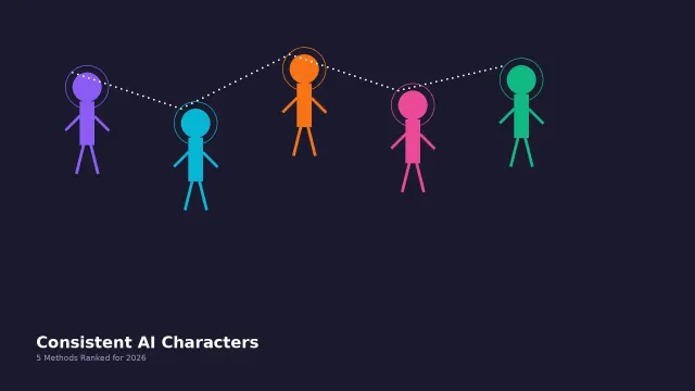 A grid showing the same AI-generated character in five different scenes — walking through a market, sitting in a cafe, standing in rain, reading a book, and running at sunset — all with identical facial features