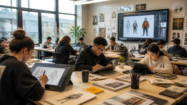 Art students working on digital tablets in a modern studio classroom with large windows