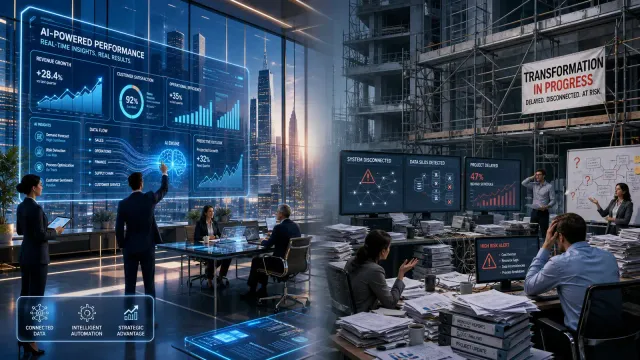 A dramatic split-image showing a futuristic AI-powered office building on one side and a stalled construction site on the other, representing the gap between AI adoption and transformation
