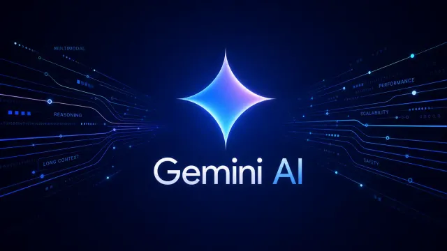 A glowing gemini logo on a dark gradient background with abstract data lines suggesting speed and AI model performance