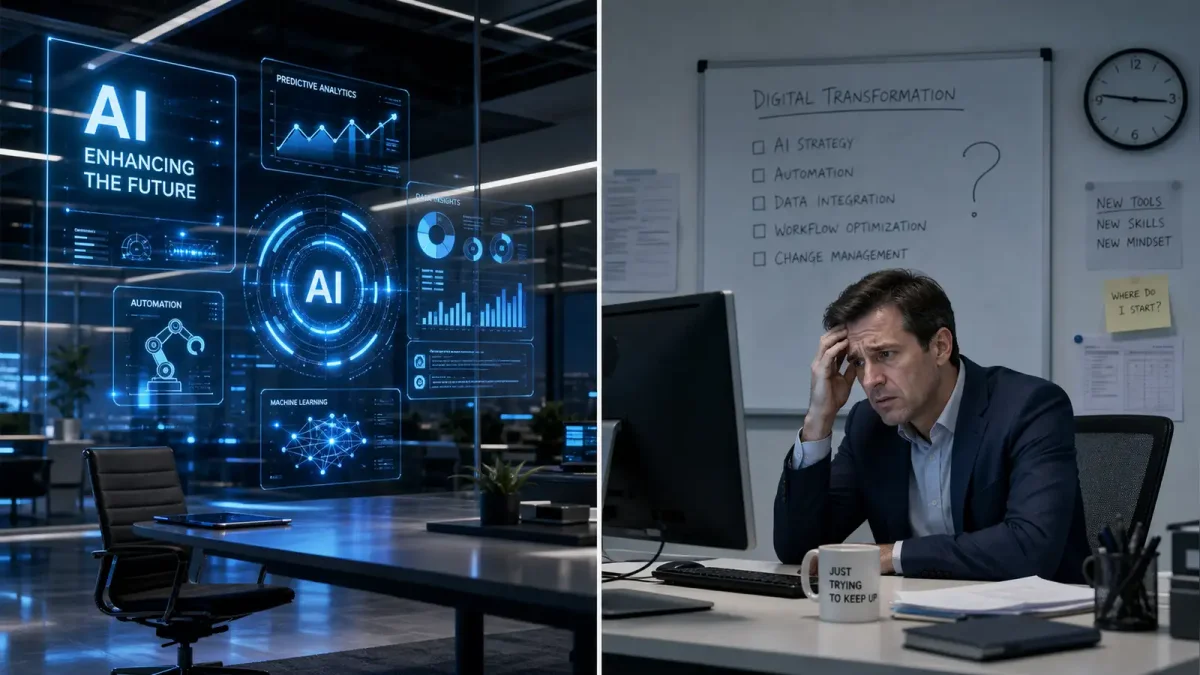 A stark split-image composition: one side shows a glowing, modern office with digital dashboards and AI interfaces; the other side shows workers looking at screens with confused expressions, the lighting cooler and less polished