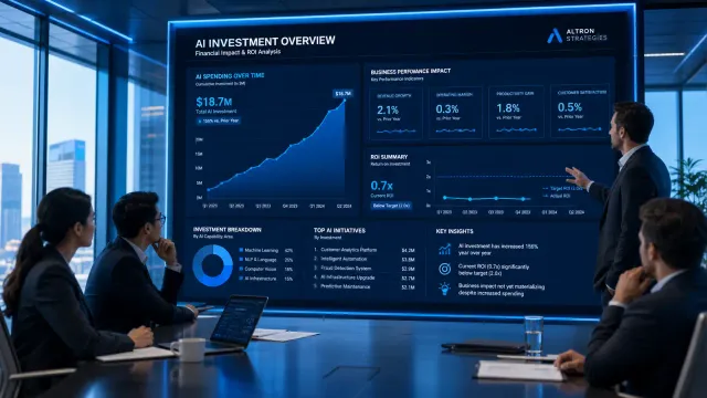 A corporate financial dashboard with declining charts next to rising AI investment graphs, clean office lighting