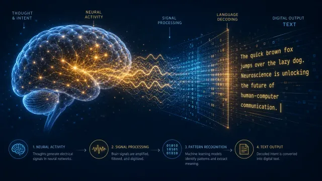 Abstract editorial illustration of brain waves transforming into text on a screen, with flowing MEG signal patterns and glowing neural connections, clean tech aesthetic in deep blue and warm gold