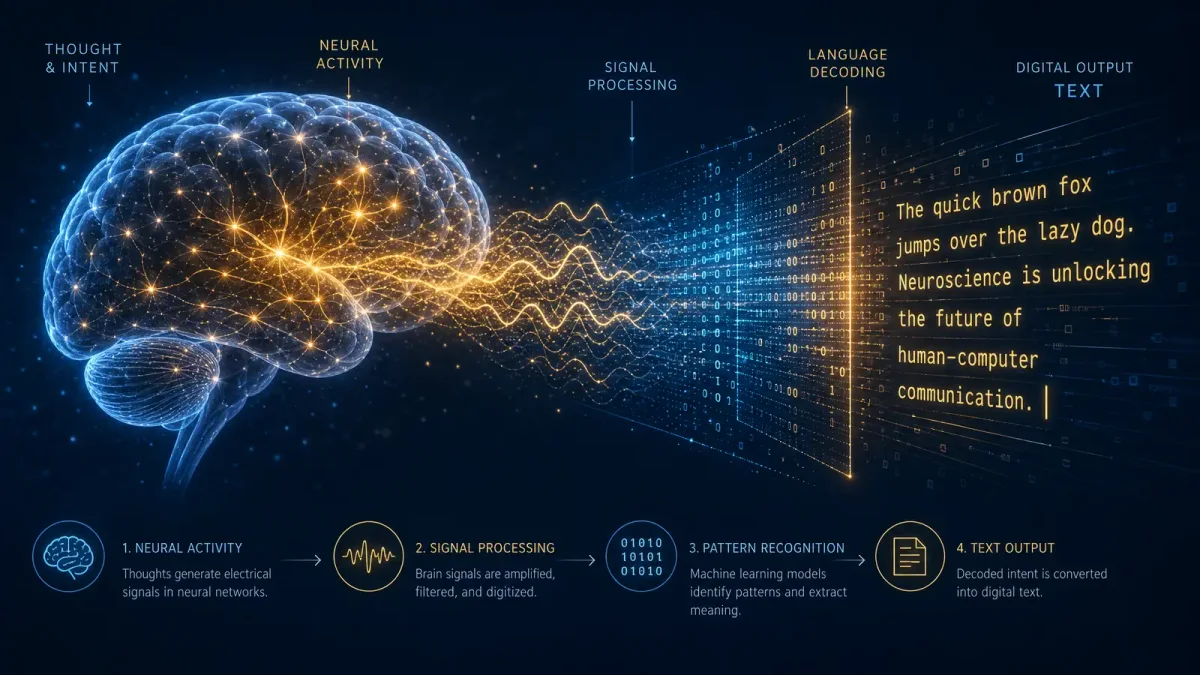Abstract editorial illustration of brain waves transforming into text on a screen, with flowing MEG signal patterns and glowing neural connections, clean tech aesthetic in deep blue and warm gold