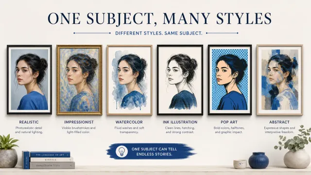 A split-screen illustration showing multiple AI-generated images in different styles — photorealistic portrait, typography poster, product shot, and artistic illustration — with tool logos floating above each