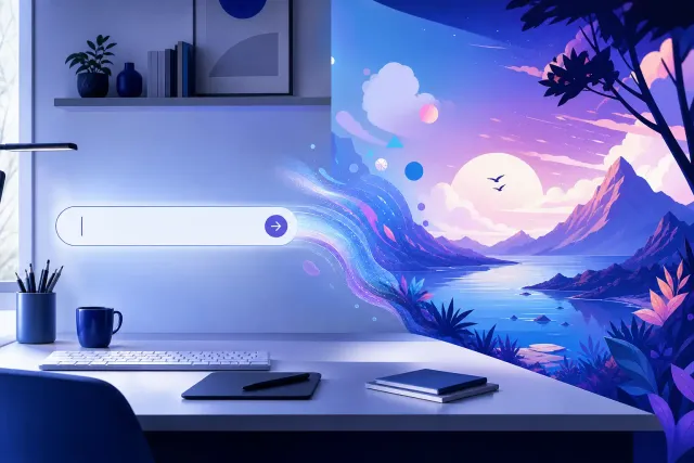 A split screen showing a simple text prompt on one side transforming into a detailed AI-generated illustration on the other, with Google's Gemini color palette of blue, purple, and gold.
